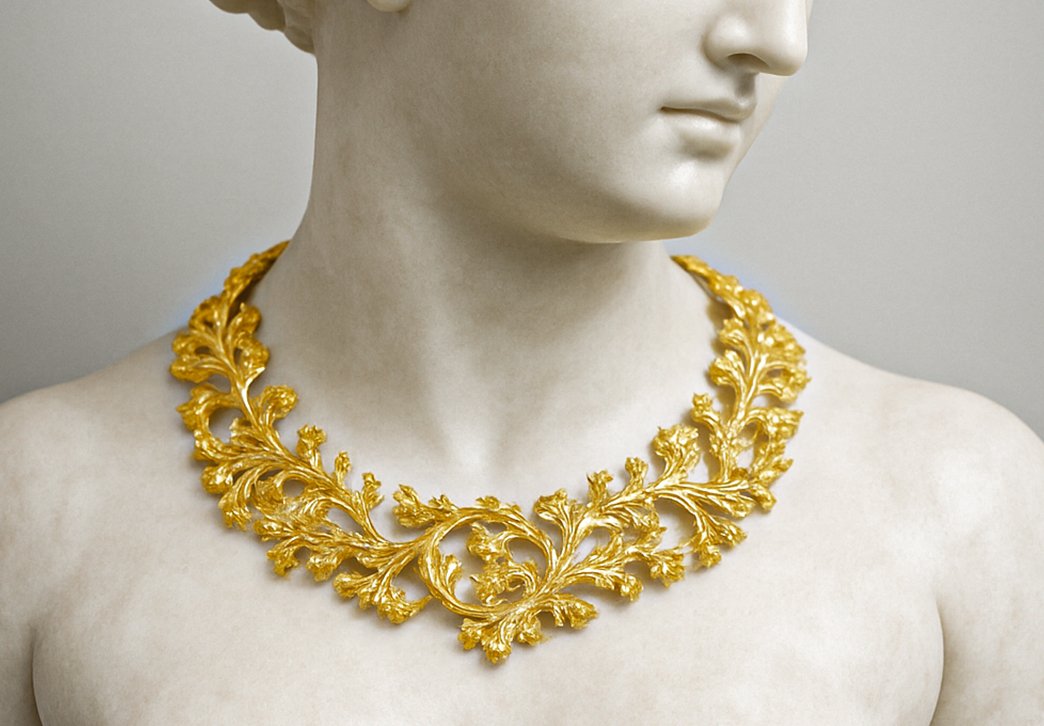 ESTATUA DE MÁRMOL GRECOCLÁSICA CON COLLAR Y PULSERA DE ORO
