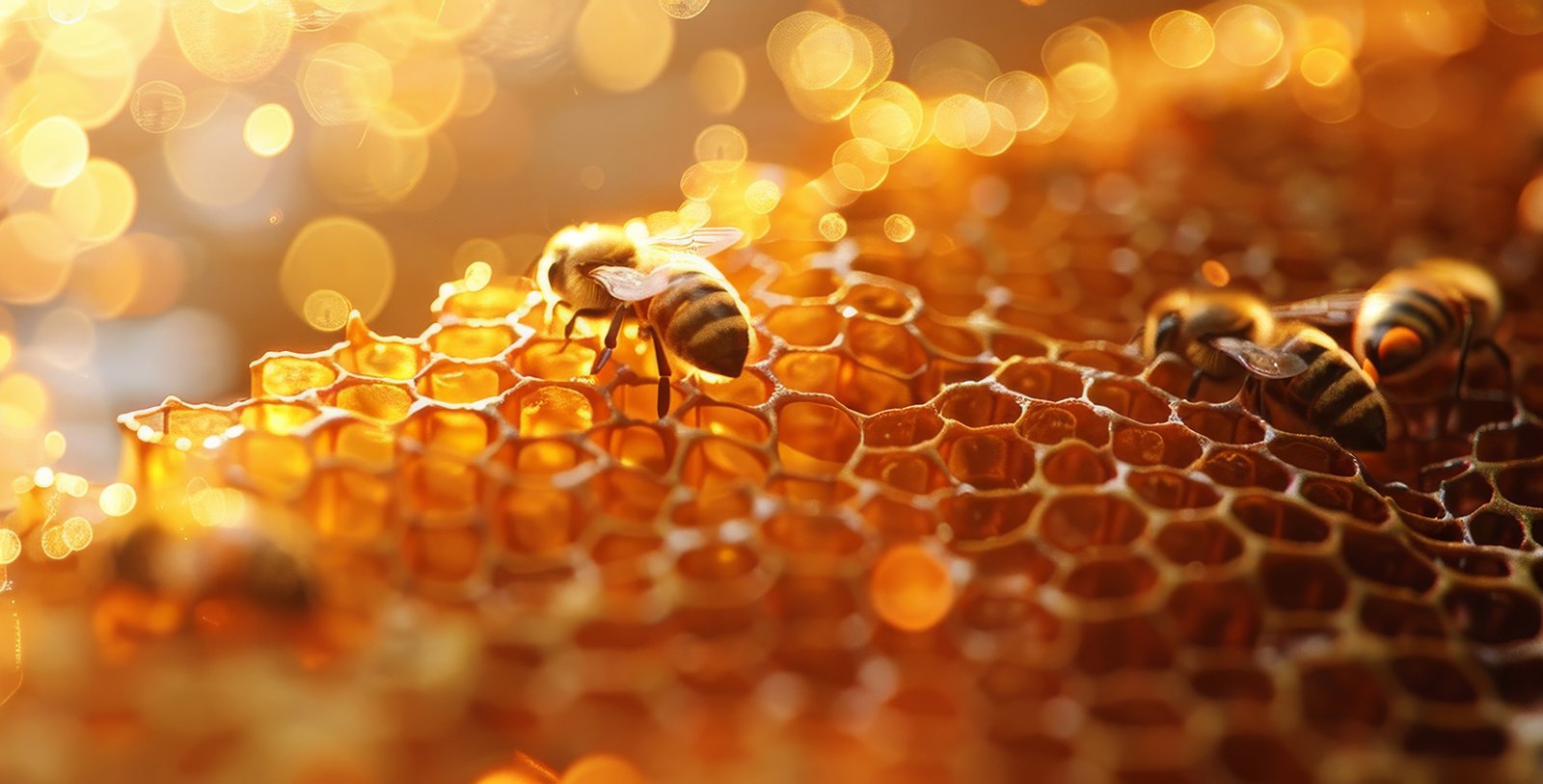 Golden Honeycomb Texture with Busy Bees at Work.