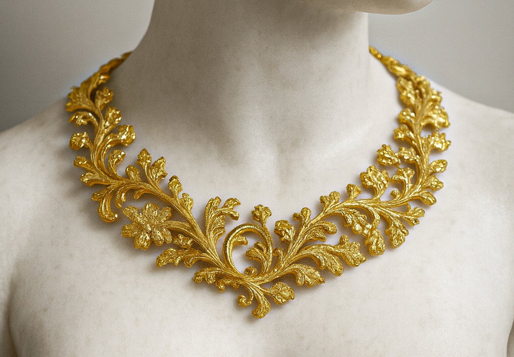ESTATUA DE MÁRMOL GRECOCLÁSICA CON COLLAR Y PULSERA DE ORO